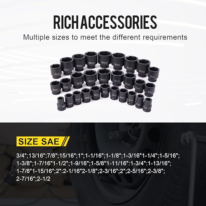 29-Piece 3/4" Drive Impact Socket Set, SAE 3/4" to 2-1/2", 6-Point Design, Rugged Construction, with Heavy-Duty Storage Case ??Ideal for Auto Repair & Household Use