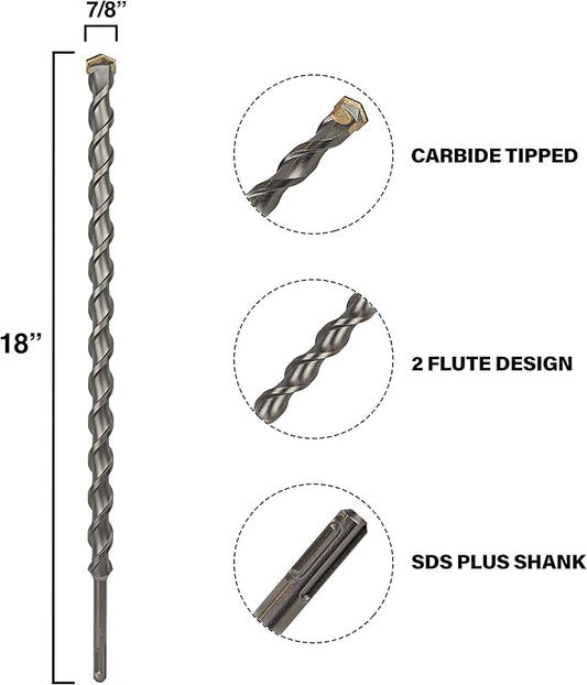 7/8 Inch x 18 Inch SDS Plus Rotary Hammer Drill Bit, Carbide Tipped for Brick, Stone, and Concrete (7/8" x 16" x 18")