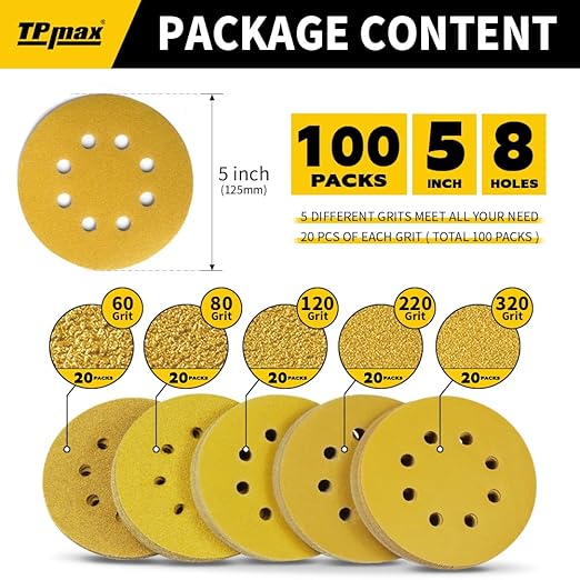 100PCS 5 Inch 125mm 8 Hole Sanding Discs Sandpaper Mixed Grits - Premium Gold Round Hook and Loop for Random Orbital Sander (60, 80, 120, 220, 320 Grit Variety Pack)