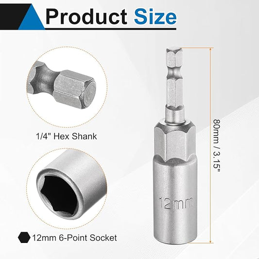 HARFINGTON 2pcs Nut Driver Drill Bit 12mm Metric Socket 1/4" Hex Shank 3.15" (80mm) Long 6-Point Sockets Quick Change CR-V Steel Bolt Setters for Power Drill Drivers
