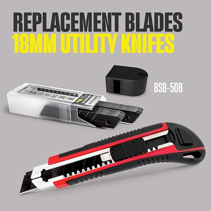 18mm Retractable Utility Knife with 4x SK2H Snap Off Black Spare Blades (18mm 1 PACK)
