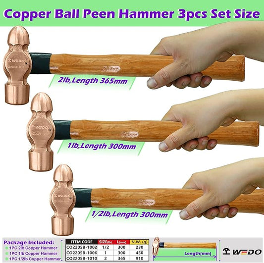 WEDO 3PCS Copper Ball Peen Hammer Set, 8 oz + 16 oz + 32 oz(1/2lb+1LB+2lb),Ball Pein Hammer with Wooden Handle, Die-Forged, Corrosion Resistant, DIN Standard