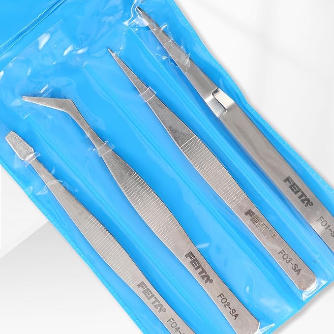 FEITA Professional Craft Tweezers Stainless Steel Precision Tweezer Set for Hobby, Electronics, Model Making, Jewelry Picking Tool - 4 Pieces