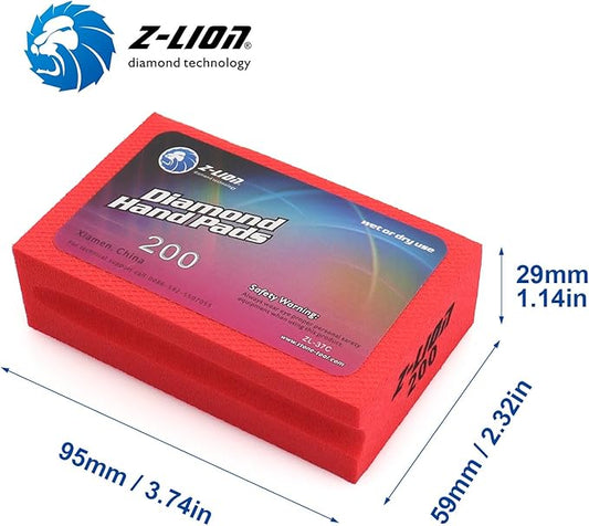 Z-Lion Diamond Hand Polishing Pads Electroplated Sanding Block Wet/Dry for Glass Stone Marble Concrete Tile Porcelain Grit 200