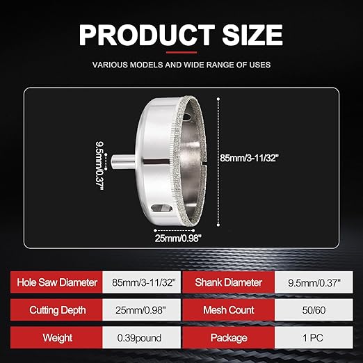 PATIKIL 3-3/8" (85mm) Diamond Hole Saw, Glass Diamond Hole Cutters Hollow Core Drill Bits for Fiberglass, Tile, Porcelain, Ceramic