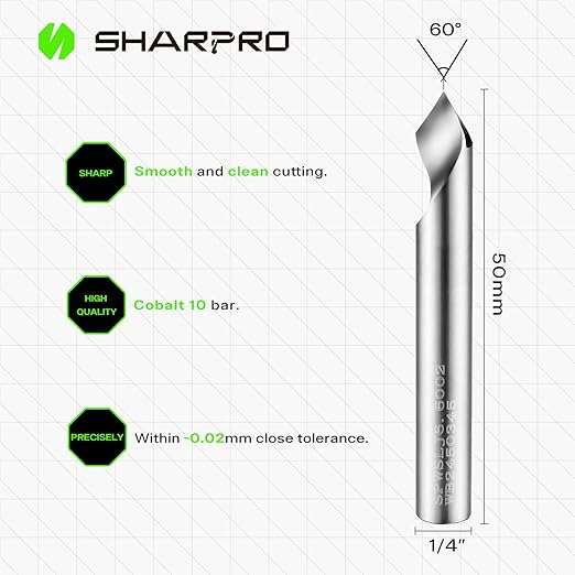 SHARPRO Chamfer Router Bits V Groove O Flute Spiral Router Bit 60 Degree 1/4 Inch Shank CNC Carbide V-bit for Engraving and Chamfering Lettering, Ideal for Wood, Acrylic and PVC