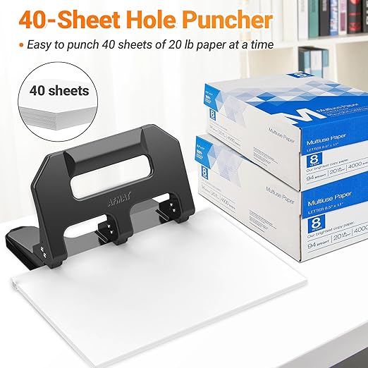 AFMAT Heavy Duty 3 Hole Punch, 3 Hole Puncher for Binder, 40-Sheet Three Hole Punch w/ 10000+ Uses, Metal Hole Puncher 3 Ring, 50% Reduced Effort, 9/32inch Hole, Bulit-in S.S. Paper Guide HPX1 (Gray)