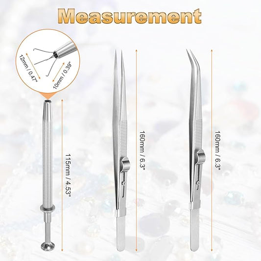 HARFINGTON 3pcs Diamond Tweezer Holder Pick Up Tool Set Stainless Steel 4 Claw Holder Straight/Elbow Head Jewelry Locking Tweezer for Tiny Objects Electronic Components, Silver