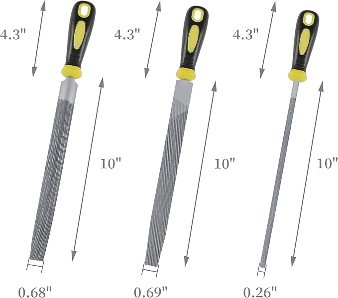 10 Inch Metal File Set 3 Piece High Carbon Steel Double Cut for Metalworking and Woodworking Includes Round/Half-Round/Flat