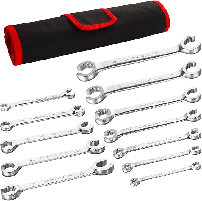 BILITOOLS 12-Piece Flare Nut Wrench Set, Metric & Standard, 12-Point Line Wrench Set 6 to 21mm & 1/4" to 7/8", Cr-V Steel