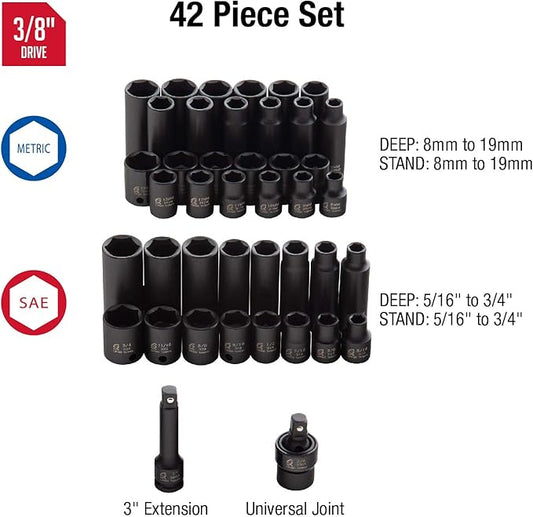 Sunex Tools 3342 3/8 Inch Drive Master Impact Socket Set, 42-Piece, SAE/Metric, 5/16" to 3/8"