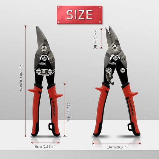10 Inch Tin Snips, Right Cut Offset Aviation Snips, Heavy Duty CR-MO Metal Cutter with Double Lever, Scale Markings & Safety Lock, Tinner Shears Scissors for Cutting Metal Sheet