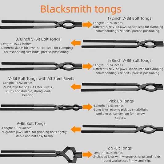 8PCS Blacksmith Tongs and Blacksmith Hammer,Z V-Bit,3/8,1/2,5/8inch V-Bit Bolt,V-Bit Bolt,Pick Up,V-Bit Bolt with A3 Steel Rivets and Assembled Blacksmithing Tongs for Forging Tools and Equipment