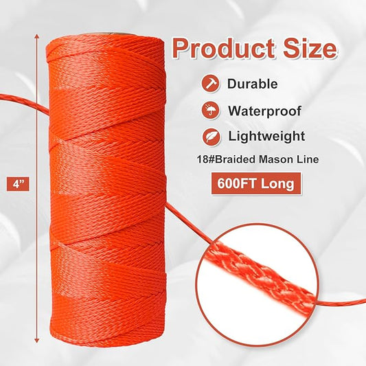 Mason Line String Line 3 Pcs,600 Ft Length Nylon Twine,18 Braided Nylon String for Gardening Or Masonry Tools,Twine String for Gardening,Orange