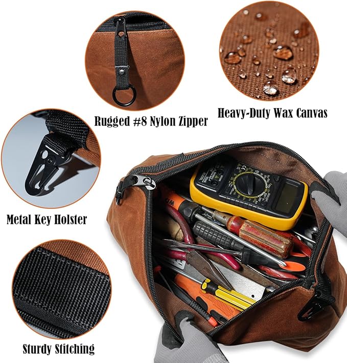 WELKINLAND 2-Pack Heavy-Duty Waxed Canvas Tool Pouches, 14-Inch Zippered Tool Organizer Pouches with Water-Resistant Coating and Durable Canvas Construction