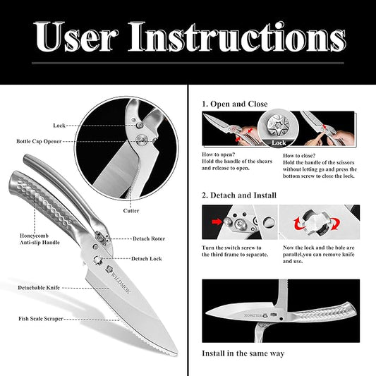 WILDMOK Heavy Duty Poultry Kitchen Shears ??Multi-function Stainless Steel Poultry Shears, Ultra Sharp All Purpose Kitchen Scissors Cutting Chicken Meat, Turkey, Fish
