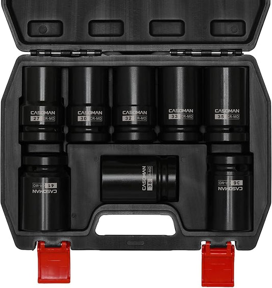 CASOMAN 8 Pieces 1-Inch Drive Deep Impact Socket Set, CR-MO, Metric, 6-Point, Heavy Duty Wheel Impact Socket Set