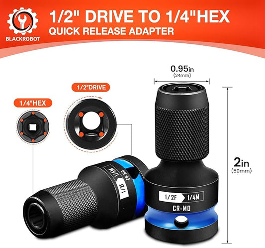 BLACKROBOT 2PCS Quick Release Impact Bit Holders 1/2-Inch Square Drive to 1/4-Inch Hex Socket Adapter, CR-MO Steel, Blue