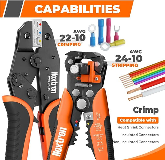 Noxtren Wire Stripper and Crimping Tool, AWG 24-10 Self-Adjusting Stripper Tool with AWG 22-10 Ratcheting Wire Terminal Crimper for Heat Shrink Wire Connectors