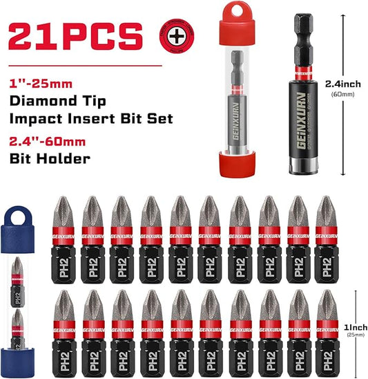 20Pcs Diamond Coated Impact Screwdriver Bit Set, 1 Inch #2 Phillips Insert Driver Bits, Magnetic S2 Steel PH2 Screwdriver Bits Set with 1Pcs Screwdriver Bit Holer
