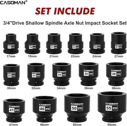 CASOMAN 15-Piece 3/4" Drive Shallow Spindle Axle Nut Impact Socket Set, 6-Point, Standard Large Socket Set, Metric (17mm -55mm), CR-MO Steel, with Storage Case