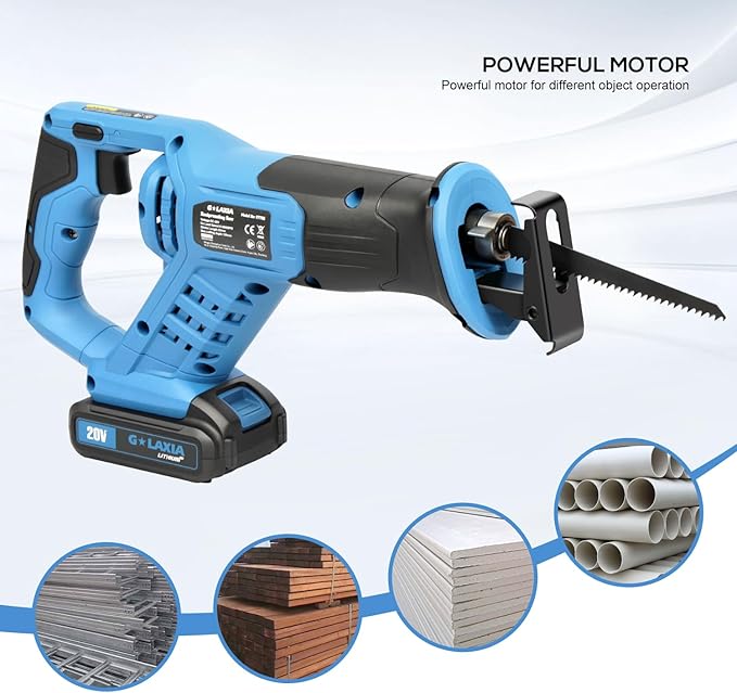Reciprocating Saw, 20V Cordless Reciprocating Saw with 2.0Ah Battery and Fast Charger, 0-3000RPM, Tool-Free Blade Change, 5Pcs Blades for Wood, Soft Metal, PVC Pipe Cutting