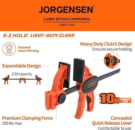 Jorgensen 6" Bar clamps for woodworking - 4-Pack, One-Hand Light Duty E-Z Hold Spreader Clamp, 150 lbs Capacity, Versatile and Easy-to-Use Design