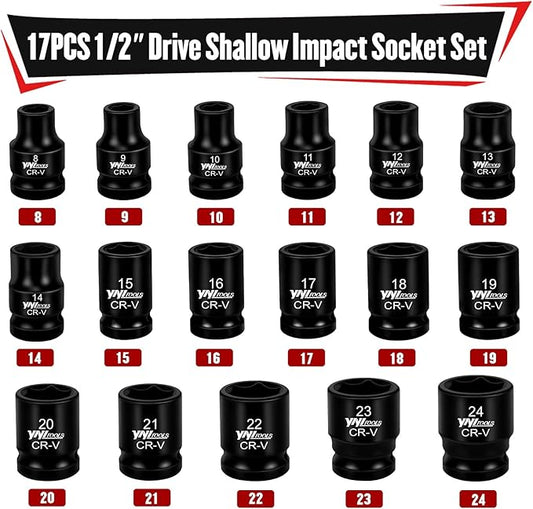 YIYITOOLS 17Pcs 1/2" Drive Shallow Impact Socket Set (8-24mm), Metric Socket Set, 6-Point, CR-V Steel for Automotive Maintenance, Repairs, and DIY Projects