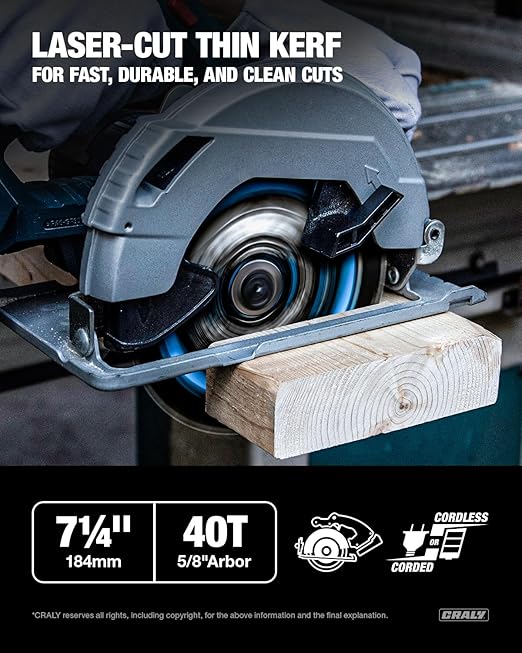 CRALY 7-1/4 Inch 40 Teeth Fine Finish Wood Cutting Circular Saw Blade, 5/8 Inch Arbor, Carbide Tipped, Thin Kerf, Black Ice™ Coating, for Plywood, MDF, OSB, Laminated, 2-Pack(C0740FF-2)