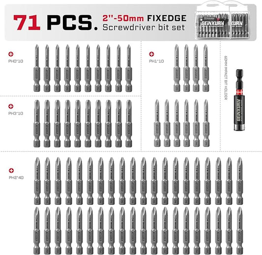 71Pieces Fixedge Screwdriver Bit Set, 2 Inches #0#1#2#3 Phillips Magnetic Alloy Steel Insert Power Bits Tips with Impact Bit Holder and Portable Storage Cases for Home Repair Diy
