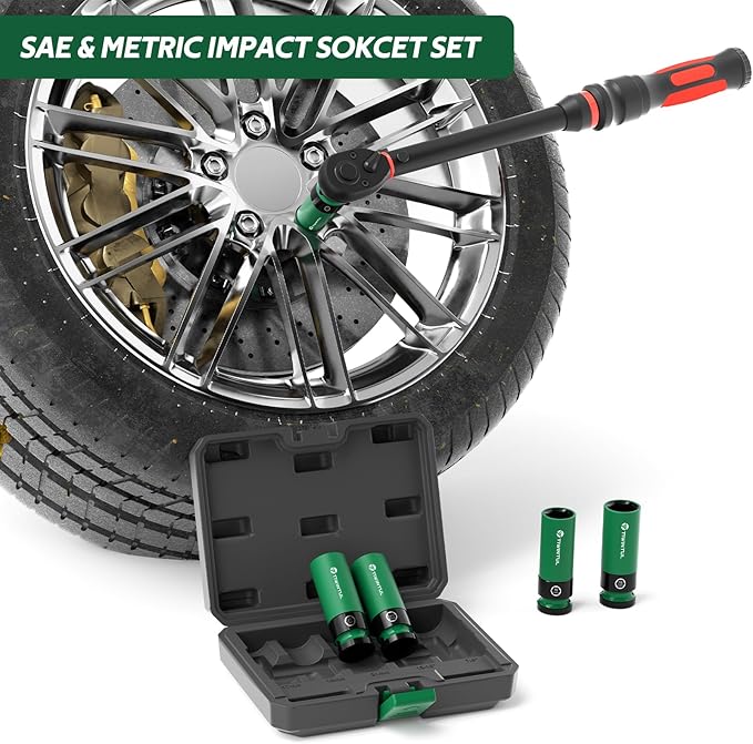 1/2" Wheel Protector Impact Socket Set, 5Pcs Non-Marring Lug Nut Socket Set, CR-MO Steel, 6-Point Thin Wall Deep Socket Set, Color-Coded Protective Sleeves- Metric 17 19 21 mm, SAE 13/16 7/8"