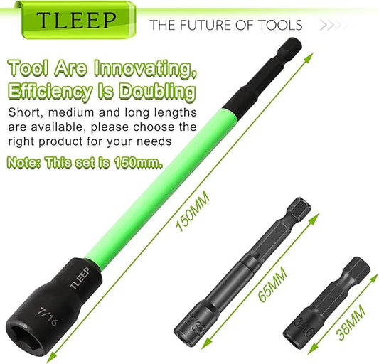 150MM 7/16" Magnetic Power Nut Driver Set for Impact Drill, 1/4" Hex Head Drill Bit Set SAE Screwdriver Socket Set, Chrome Vanadium Steel Quick Change Chuck Socket Wrench Nut Setters