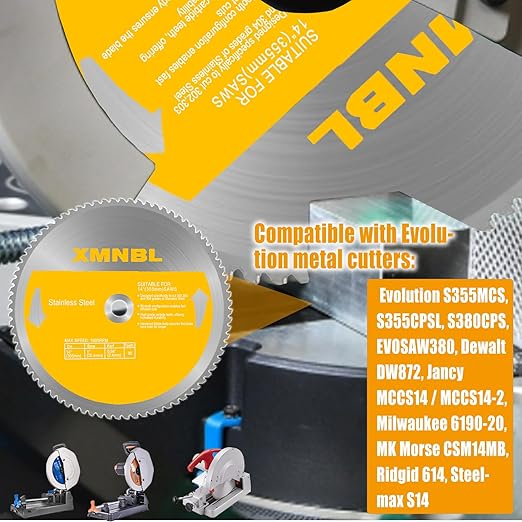 14 Inch Stainless Steel Cutting Saw Blade,Replacement for Evolution 14 Inch Metal Saw Blade,Compatible with Evolution S355CPS S355CPSL S380CPS Metal Cutting Saws,14 x 90 Teeth,1 Inch Center Shaft
