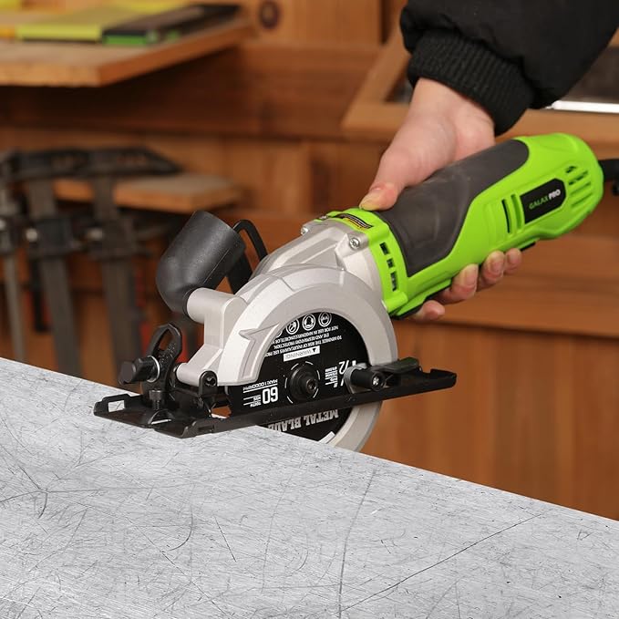GALAX PRO 6Amp 710W Mini Circular Saw, 5200RPM Electric Circular Saw,1-2/3''(90째)/1''(45째) Cutting Depth, with 2Pcs 115mm Saw Blades (24T/60T) for Wood/Metal