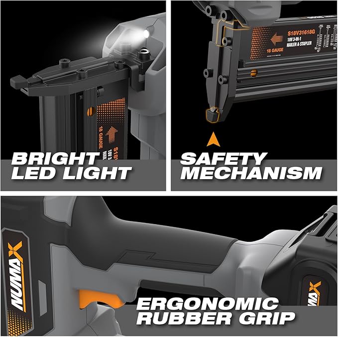 NuMax 18V Cordless 3-in-1 Nail Gun Kit ??2" 16 & 18 Gauge Finish Nailer, Brad Nailer, and Narrow Crown Staple Gun ??Includes Battery, Charger & Fasteners ??S18V31618G