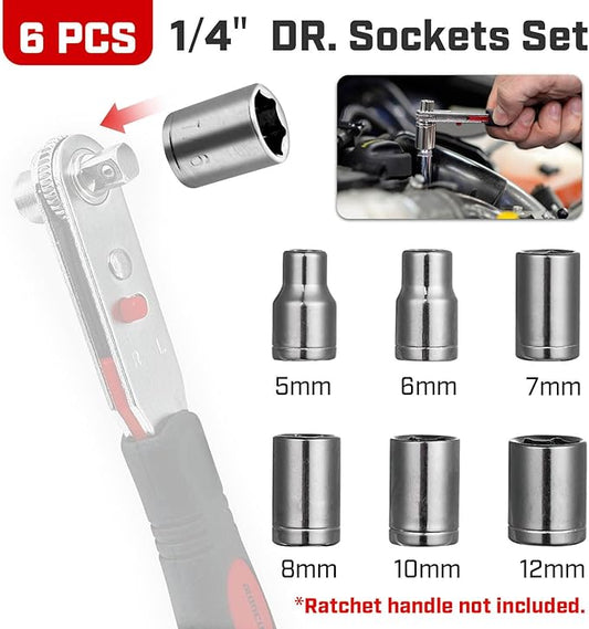 6 Pcs Scoket Set, 1/4" Drive, 5-6-7-8-10-12mm with 1 Pcs Adpter for Interchangeable Ratchet Screwdriver Set