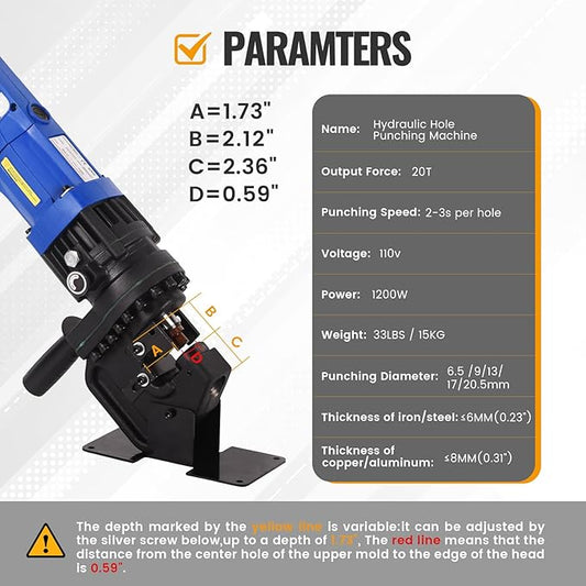 1200W Electric Hydraulic Hole Puncher,1HP Steel Punching Machine 過1/4"-4/5",Hole Digger Hydraulic Punch with Carbon Brush 5 Dies for Steel Iron Aluminum Plate,Copper,Angle Steel,110V