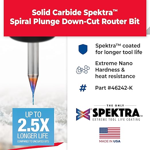 Amana Tool Solid Carbide Spektra Extreme Tool Life Spiral Plunge Router Bit Down-Cut, 46242-K, 1/32 Dia x 1/8 CH x 1/4 Shank 2 Inch L