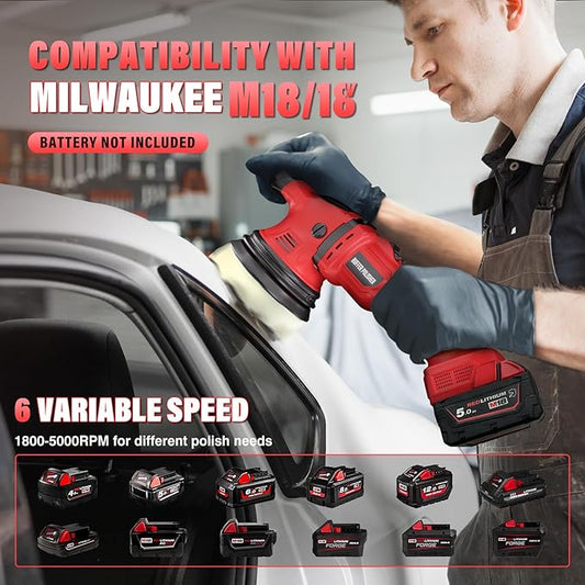 Cordless Buffer Polisher Kit for Milwaukee 18V/M18 Battery (No Battery), 6-Inch Orbital Car Polisher 6 Speed 1800??500 RPM, 17PCS Polishing Accessories, for Car Polishing/Waxing (Tool Only)