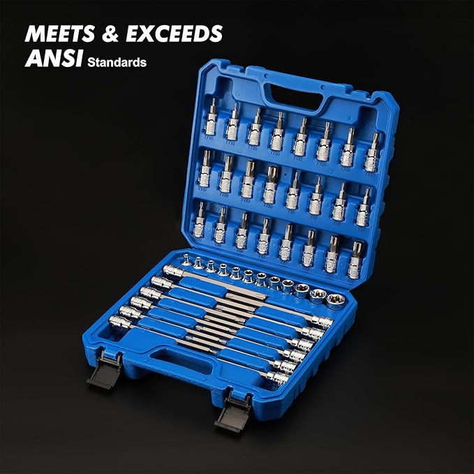 CASOMAN 48-Piece 3/8" Drive Master Torx Bit Socket and External Torx Socket Set, 6-Inch Extra Long, CR-V & S2 Steel
