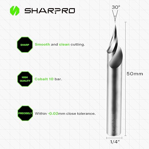 SHARPRO Chamfer Router Bits V Groove O Flute Spiral Router Bit 30 Degree 1/4 Inch Shank CNC Carbide V-bit for Engraving and Chamfering Lettering, Ideal for Wood, Acrylic and PVC
