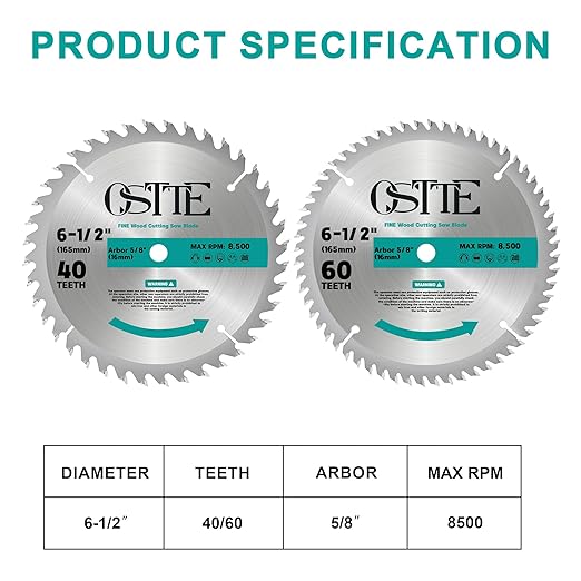 6-1/2 Inch Circular Saw Blade 40-Tooth & 60-Tooth, 5/8 Inch Arbor, Alternate Top Bevel Saw Blades for Cutting Wood, 2 Pack