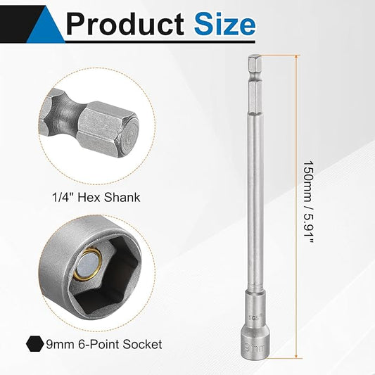 HARFINGTON 5pcs Nut Driver Drill Bit 9mm Metric Socket 1/4" Hex Shank 5.91" (150mm) Long Magnetic 6-Point Sockets Quick Change CR-V Steel Bolt Setters for Power Drill Drivers