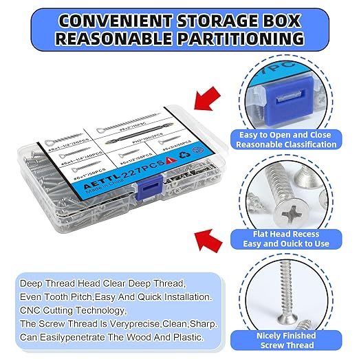 225Pcs Wood Screws Assortment Kit,304 Stainless Steel Screws,Phillips Drive,Screw Set,Assorted Screws,6 Sizes (2??1-1/2??1-1/4??1??3/4??1/2??,with 2pcs PH2*10cm Screwdriver bits