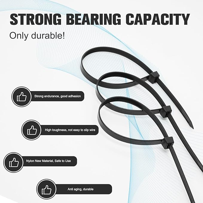 Zip Ties 12 inch 竊똇eavy Duty Cable Ties with 120 Pounds Tensile Strength竊똁lack Zip Ties竊?00 Pack, Wire Ties for Indoor and Outdoor Use.