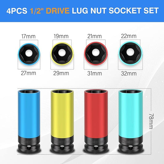 4PCS 1/2" Drive Wheel Protector Impact Socket, Non-Marring Lug Nut Deep Socket Set, CR-MO, 6 Point, Color-Coded Protective Socket | Metric 17 19 21 22 mm