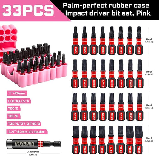 Impact Torx Screwdriver Bits Set, 33 Pieces 1?쒶agnetic S2 Steel Multi Star Driver Bits(T10-T40) and 1 Pc Bit Holder with Pink Soft Base