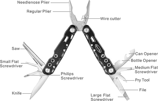 RoverTac Multitool Pliers Pocket Knife, 14 in 1 Multi Tool Knife Pliers Saw Bottle Opener Safety Lock Nylon Sheath, Camping Hiking Gear Multitool for Camping Survival Hiking DIY, Gifts for Men Dad