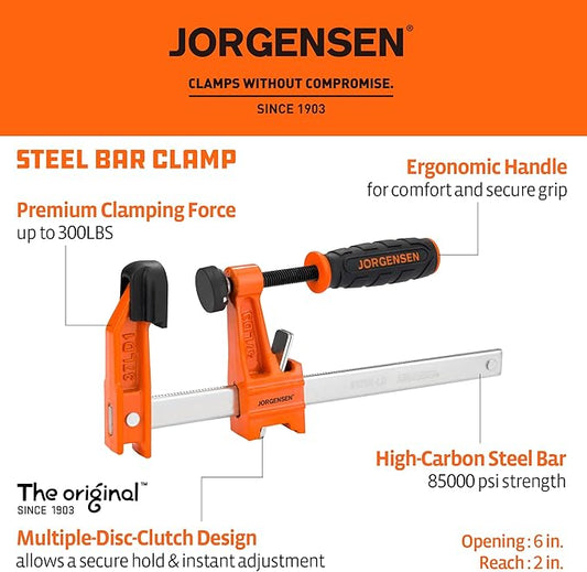 Jorgensen 6" Bar Clamp Set, 2-Pack Steel F Clamp Light Duty, 300 lbs Load Limited, for Woodworking, Metalworking, DIY