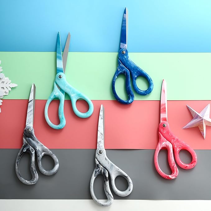 LIVINGO 8 Inches Scissors for Office - Sharp Heavy Duty Shears All Purpose for Sewing Crafting Cutting Fabric Paper, Stainless Steel Blade, Smooth Handle, Marble White Color
